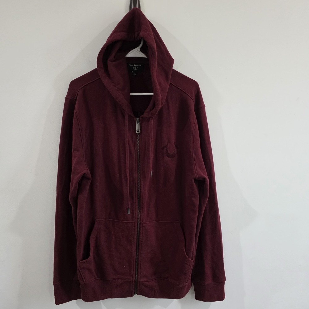 True Religion Mens Zip Up Hooded Sweater Size Large Spellout Logo Y2K Grunge